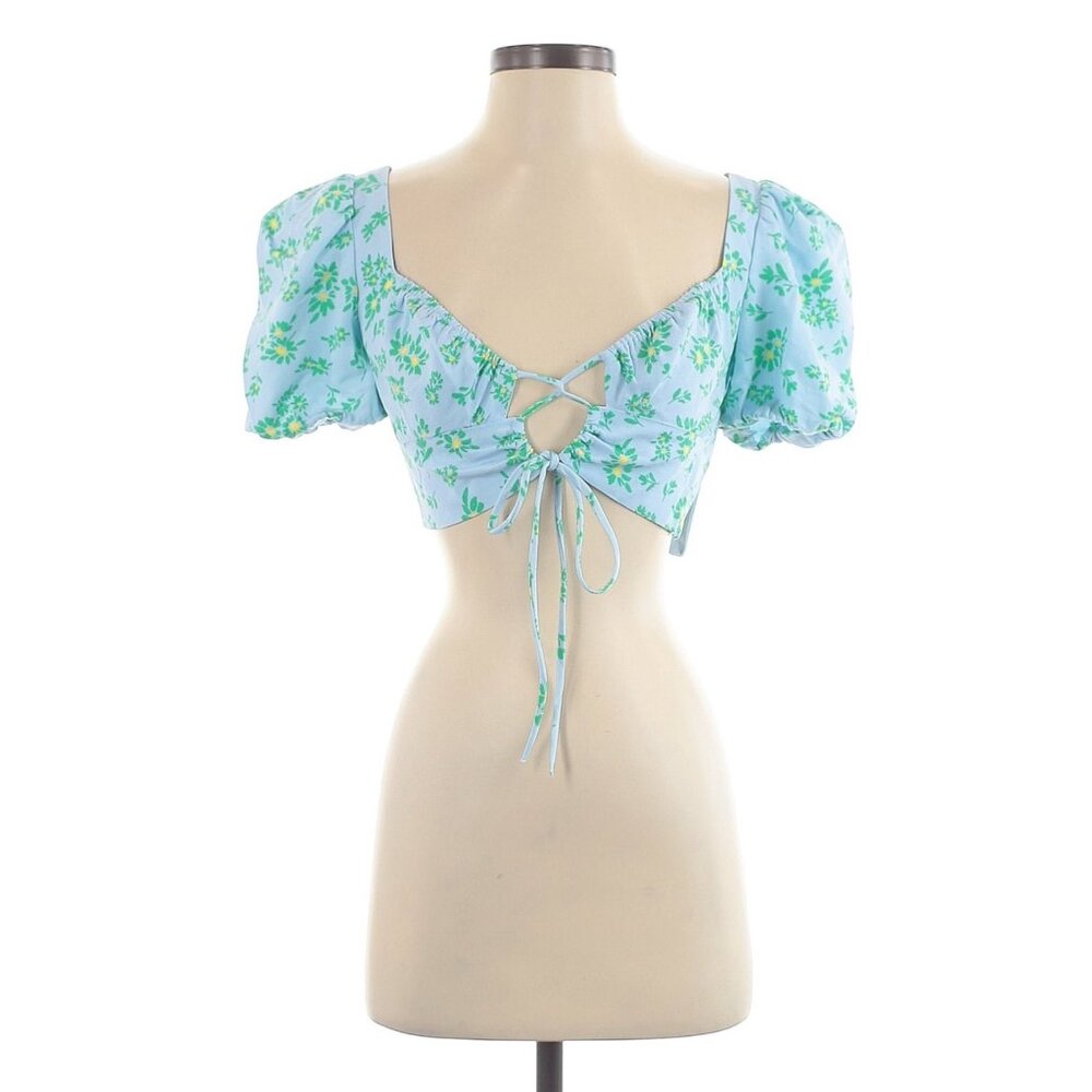 Zara Blue Floral Puff Sleeve Sweetheart Neckline Tie Front Crop Top - Picture 3 of 12